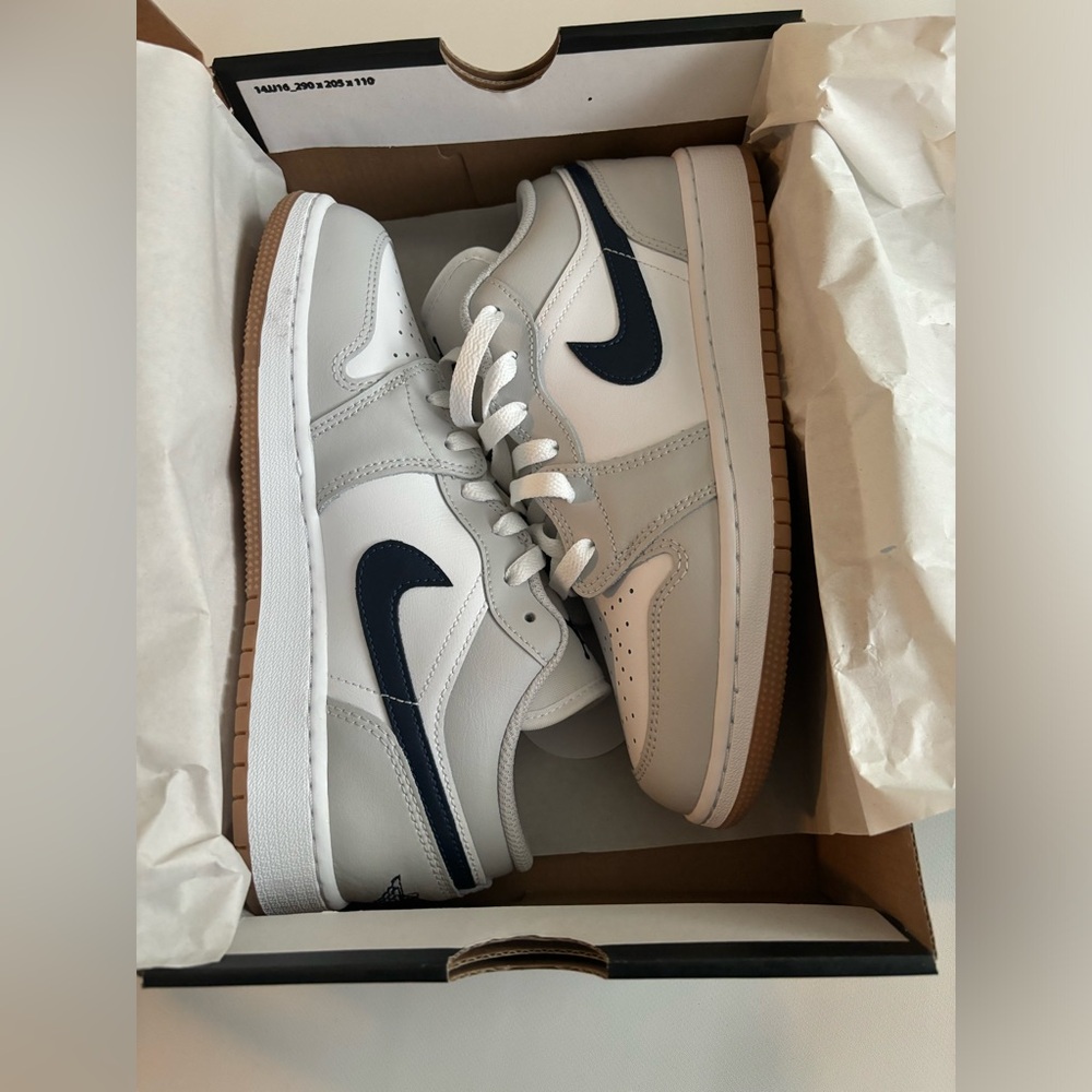 Jordan 1 Low-Top Sneakers in White, Gray & Navy 6Y or 7.5 in women